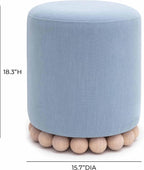 First of a Kind Ottoman Foot Rest - Faded Blue Round Ottoman Stool with Solid Wood Spherical Orbs - 15.7" W x 15.7" D x 18.3" H - Handmade, Easy Clean, 330 lbs Weight Capacity