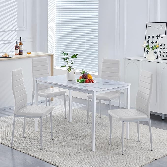 PU Dining Chairs Set of 4, Modern Kitchen & Dining Room Chairs Faux Leather Upholstered Dinner Chairs with Metal Legs for Small Space (White, Horizontal line)