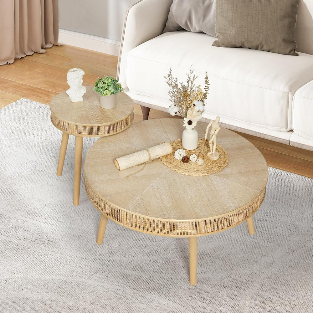 Wnutrees Farmhouse Round Coffee Table, Rustic Sofa Side Tea Set, Natural | 2 ...