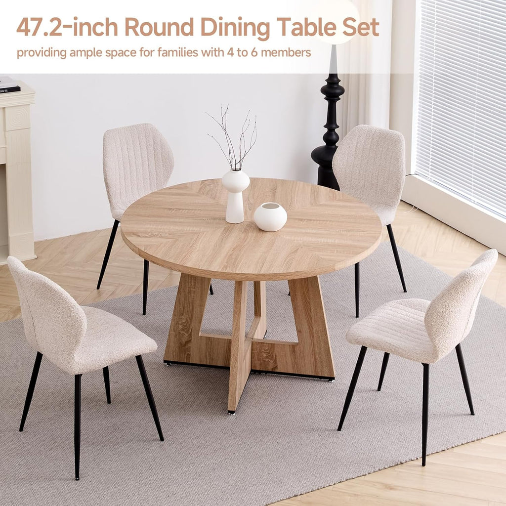 47" Round Dining Table Set for 4, Kitchen Table and Chairs | Wooden Cross Base, Boucle Fabric Chair, for Apartment