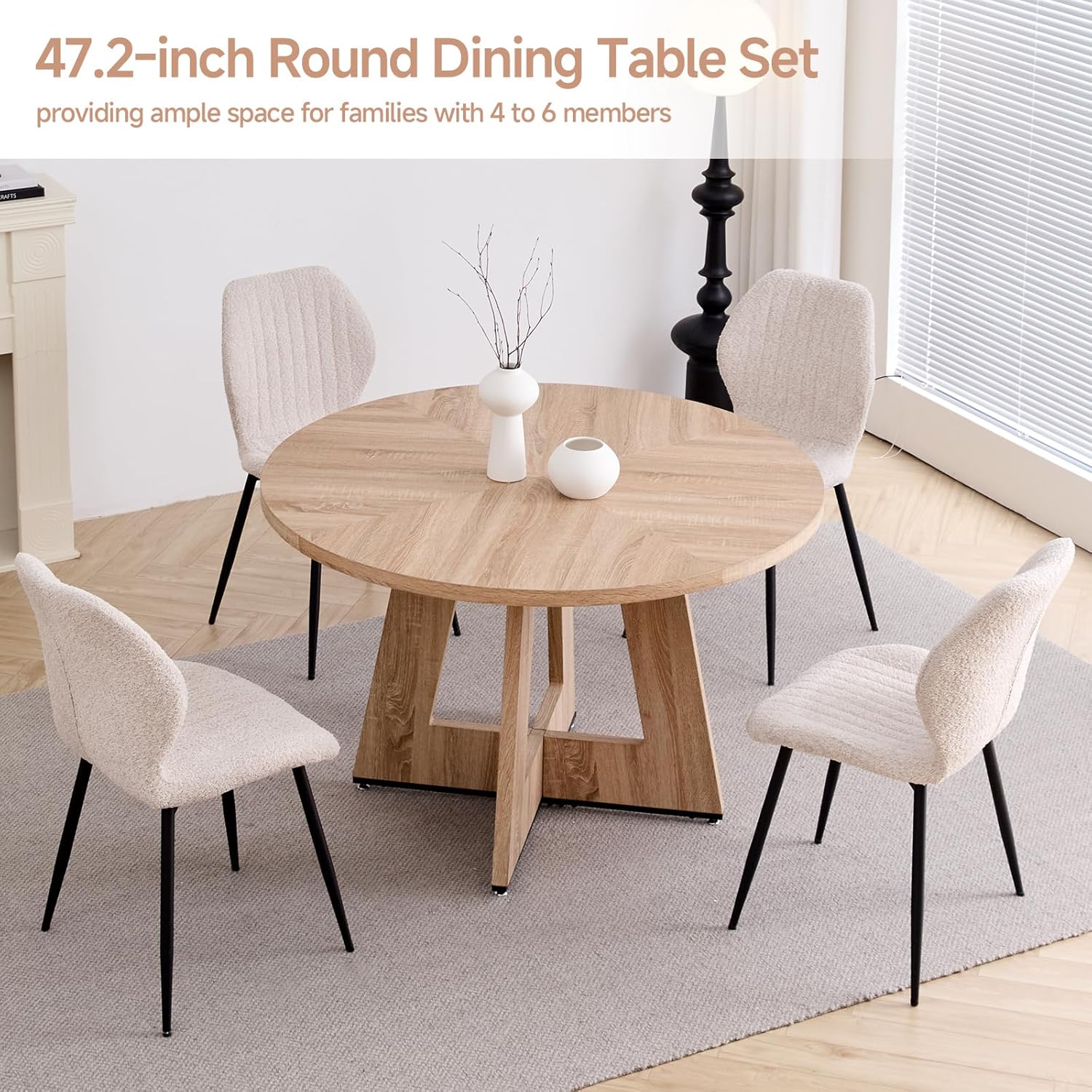 47" Round Dining Table Set for 4, Kitchen Table and Chairs | Wooden Cross Base, Boucle Fabric Chair, for Apartment