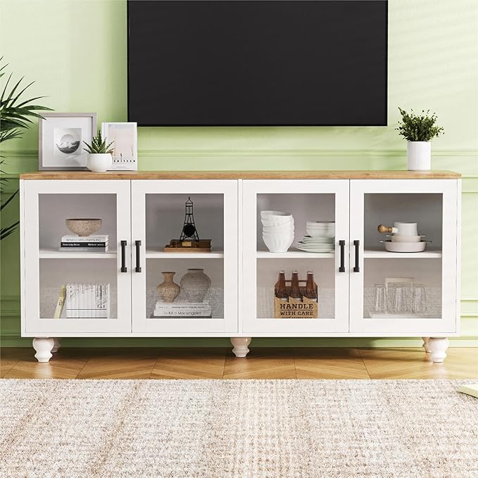 Ball & Cast Farmhouse TV Stand with Tempered Glass Doors for TVs up to 70",Sideboard Buffet w/5 Solid Wood Gourd-Shaped Legs & Adjustable Shelf,Entertainment Center for Living Room,White+Natural