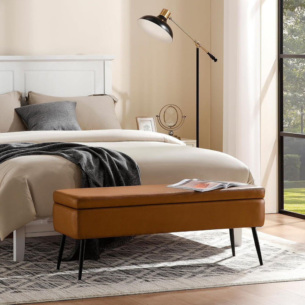 kinmars Leather Storage Ottoman Bench, End of Bed Bench with Steel Legs | Bro...