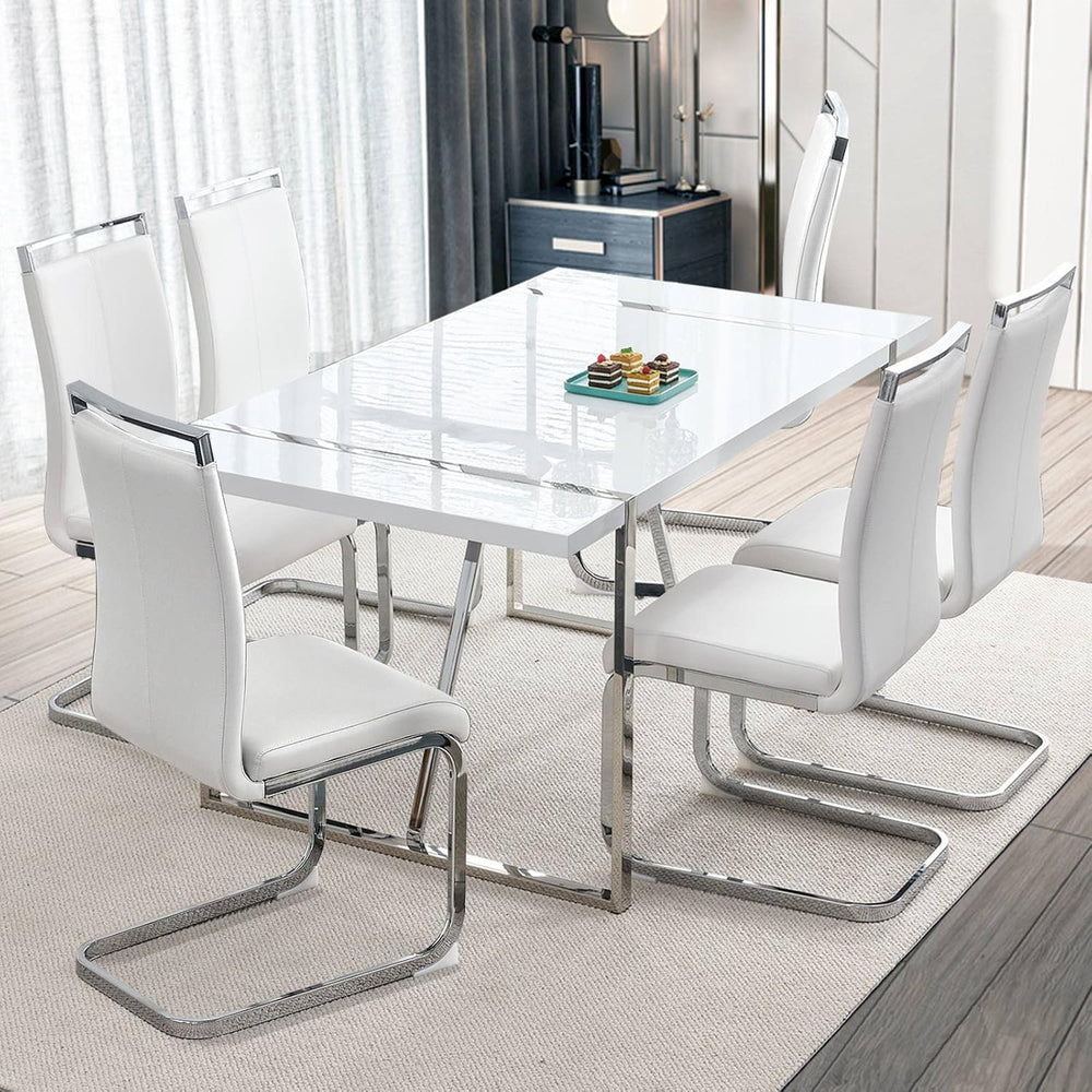 Ebullient Dining Table Set for 6，White Rectangular MDF Kitchen Table and Leat...