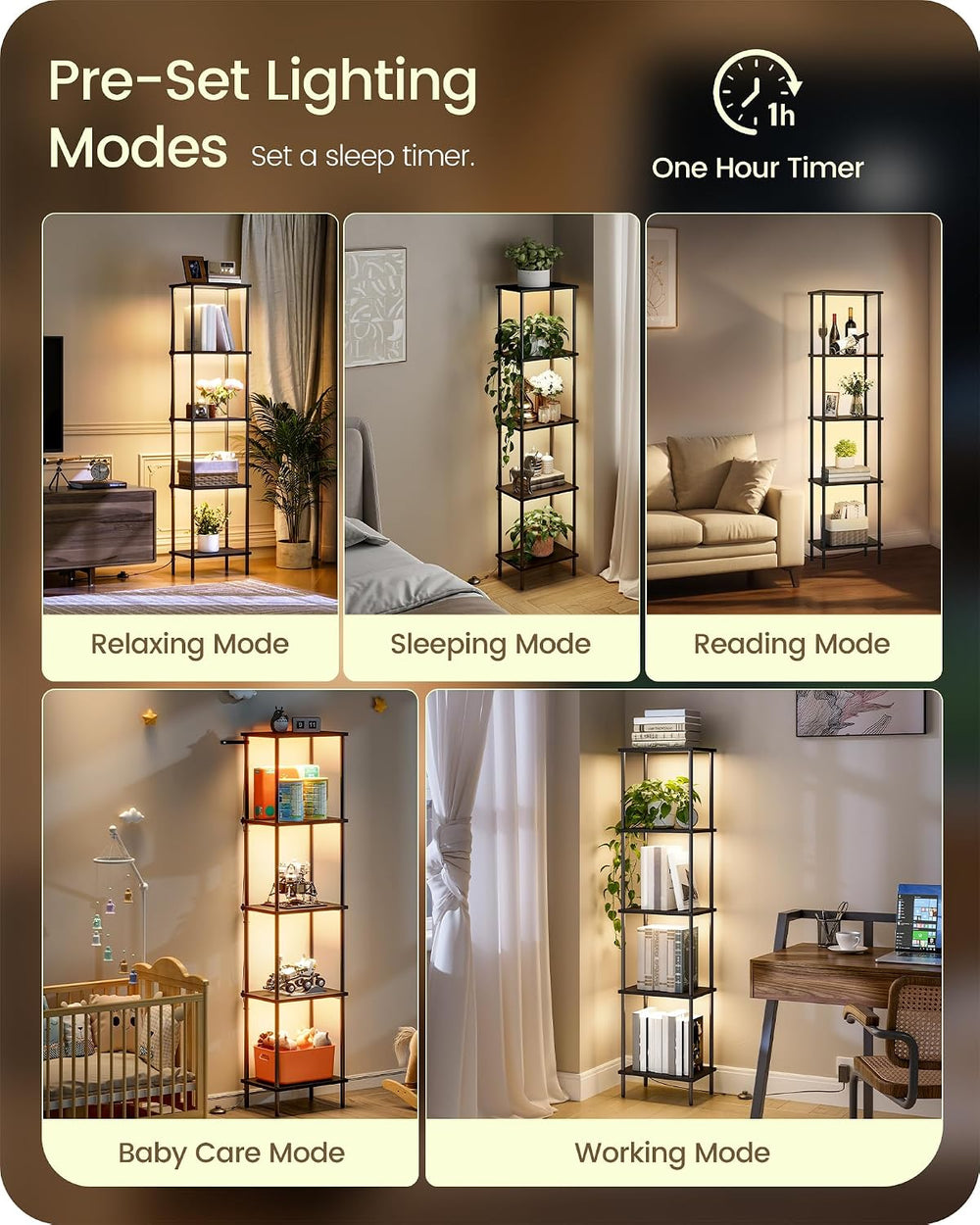 Display Shelf with Light, 5-Tier Shelf Lamp, Corner Floor Lamp with Shelves, ...