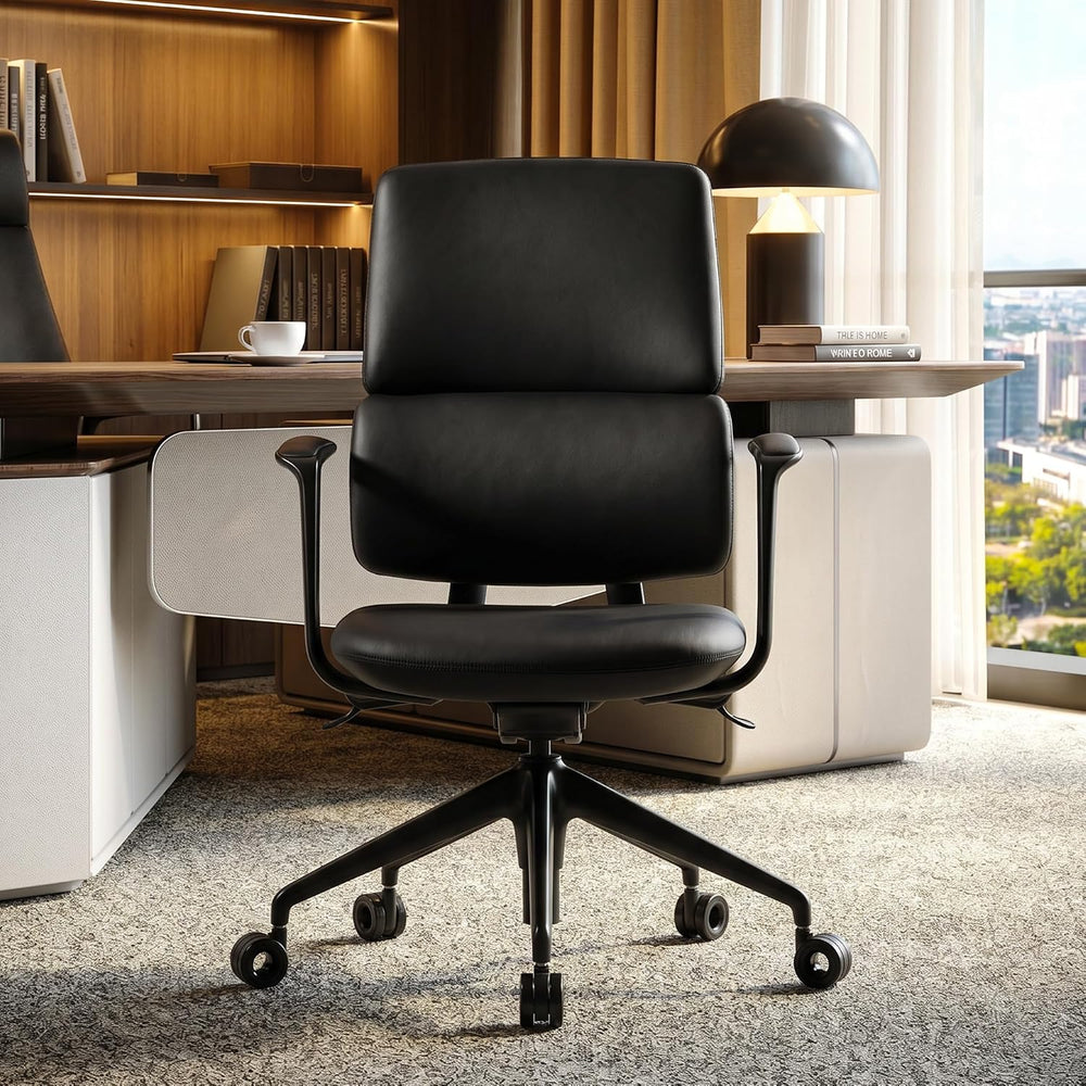 TOMU Genuine Leather Office Desk Chair, Ergonomic Leather Office Chair Mid Ba...