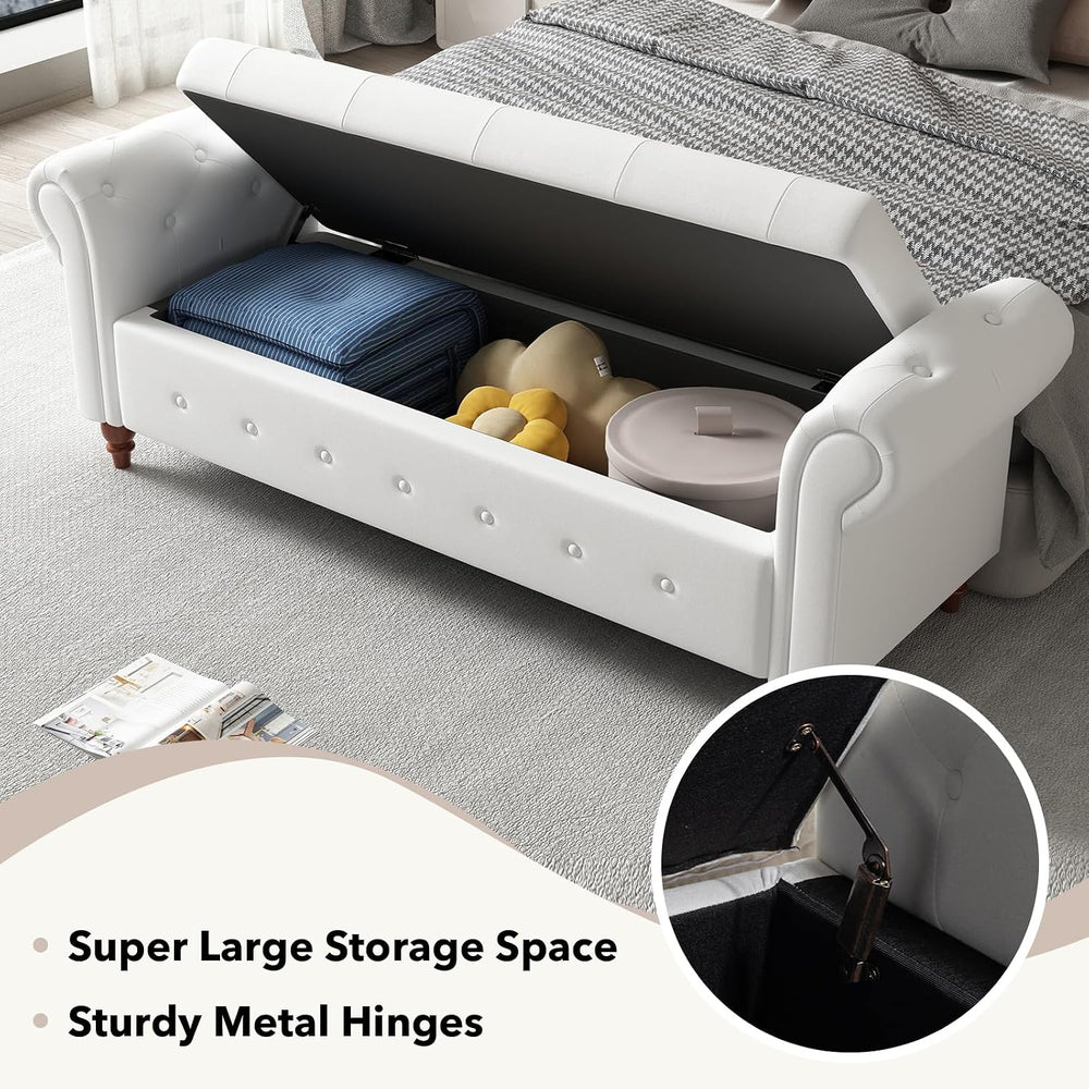63" Wide Storage Bench, Polyester Upholstered End of Bed Bench with Pull...