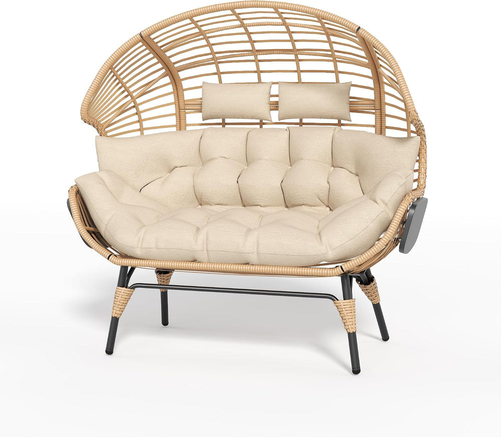 Double Wicker Egg Chair Outdoor Indoor - 2-Person Oversized Loveseat with 8&q...