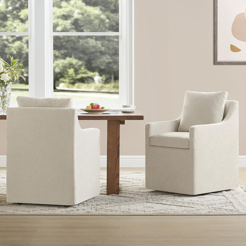 KISLOT Upholstered Dining Chairs Set of 2 with Casters, Light Linen