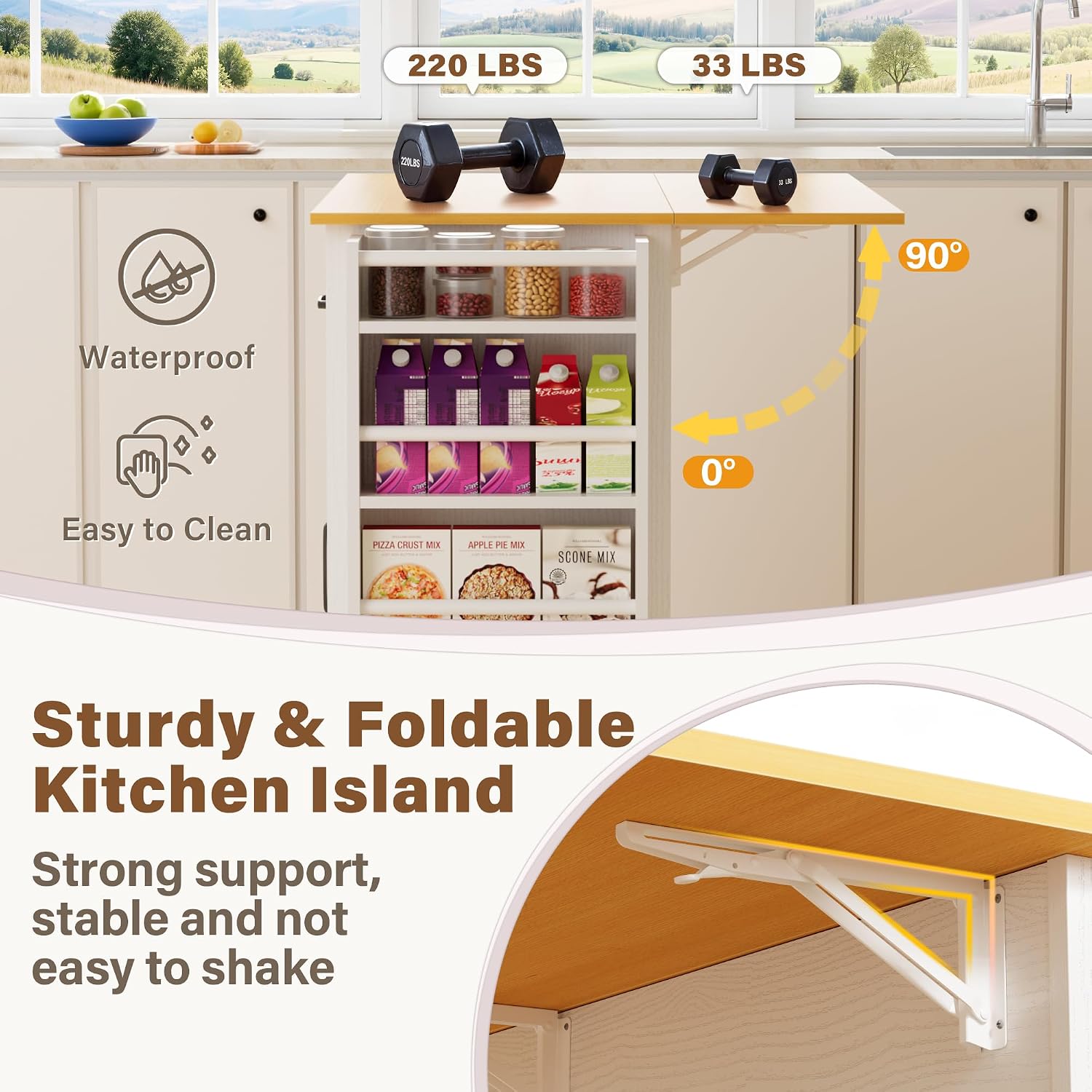 YESHOMY Kitchen Island on Wheels with Trash Cabinet, 56" Mobile Cart with Drop Leaf and Drawers, Rolling Portable Table with Spice Rack & Towel Holder for Dining Room, White & Brown