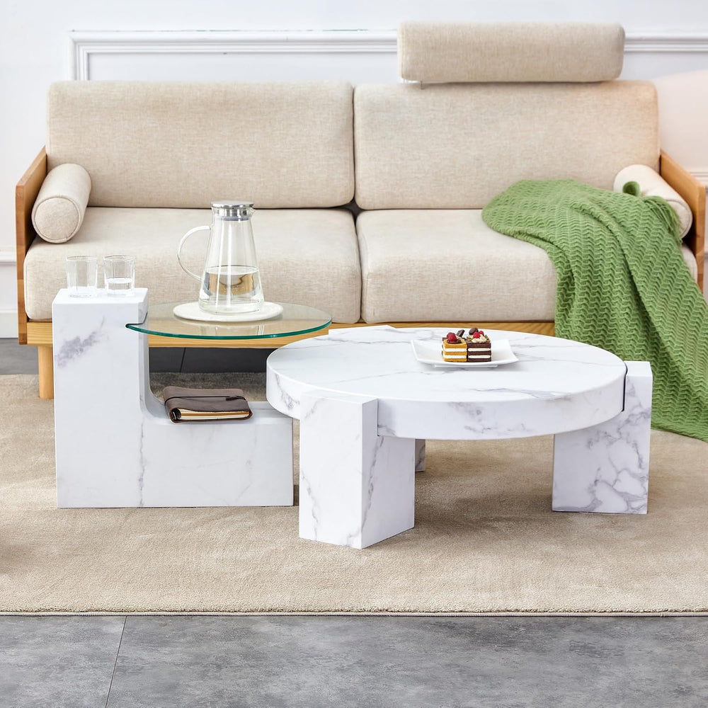 Modern Coffee Table Set of 2, 29.9" Round Wooden Coffee Table with White...