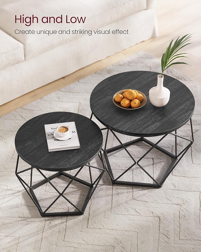 VASAGLE Small Coffee Table Set of 2, Round Coffee Table with Steel Frame, Sid...