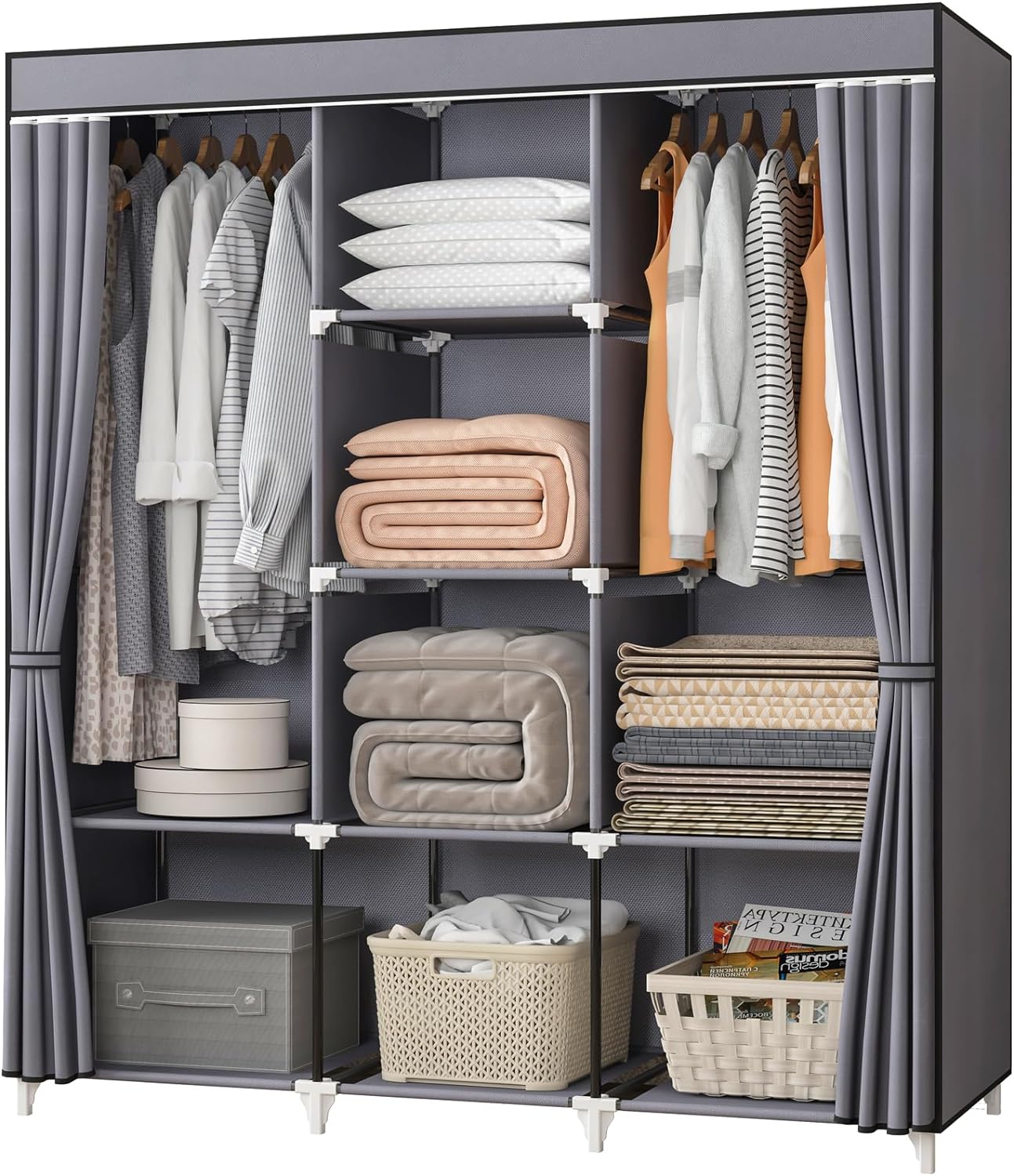 Portable Closet, 51 Inch Wardrobe Closet for Hanging Clothes with 2 Hanging Rods, 8 Storage Organizer Shelves for Bedroom, Durable and Easy to Assemble, Grey