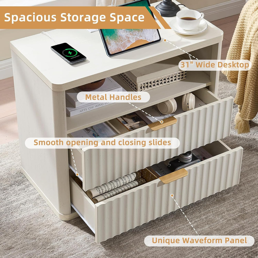 LEYAOYAO 31" Wide Fluted Nightstand Set of 2 with Charging Station, Over...