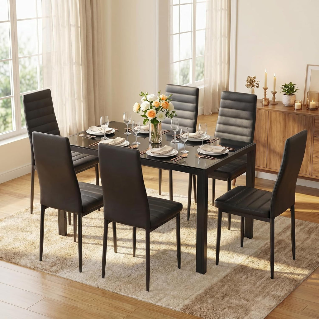 Gizoon Glass Dining Table Sets for 6, 7 Piece Kitchen Table and Chairs Set for 6 Person, PU Leather Modern Dining Room Sets for Home, Kitchen, Living Room