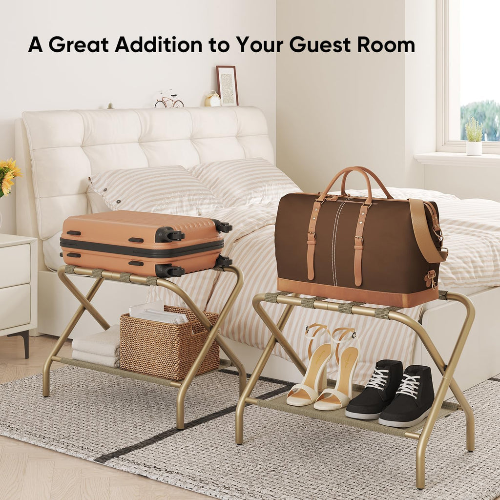 Smart FENDEE Luggage Rack for Guest Room, Folding Suitcase Stand with Shoe Shelf, Easy Assembly, Portable, Hold up to 110 lb, Gold, 1 Pack