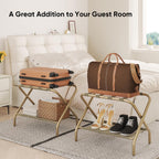 Smart FENDEE Luggage Rack for Guest Room, Folding Suitcase Stand with Shoe Shelf, Easy Assembly, Portable, Hold up to 110 lb, Gold, 1 Pack
