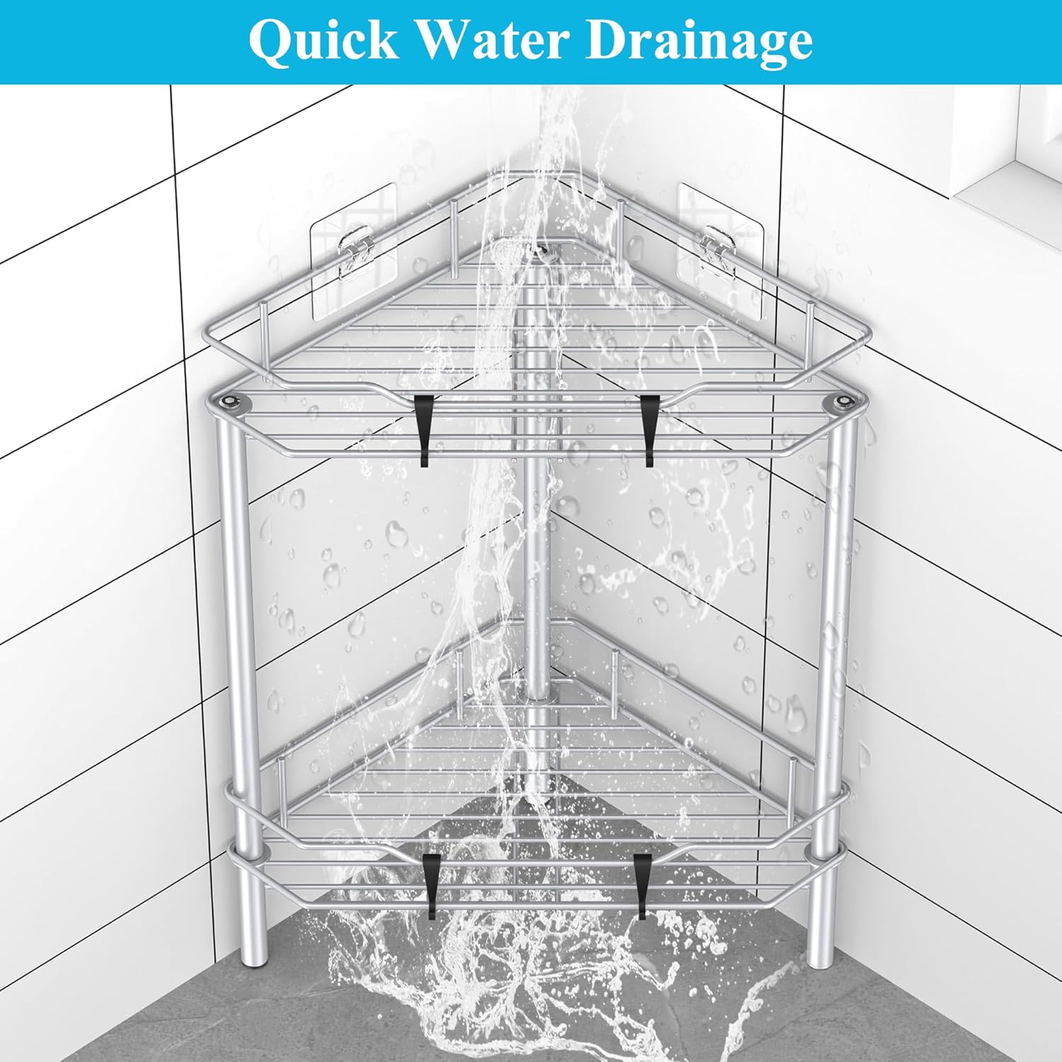 2 Tier Floor Standing Corner Shower Caddy Organizer Shelf with Hooks, Bathroom Shelves Stand Rack, Silver