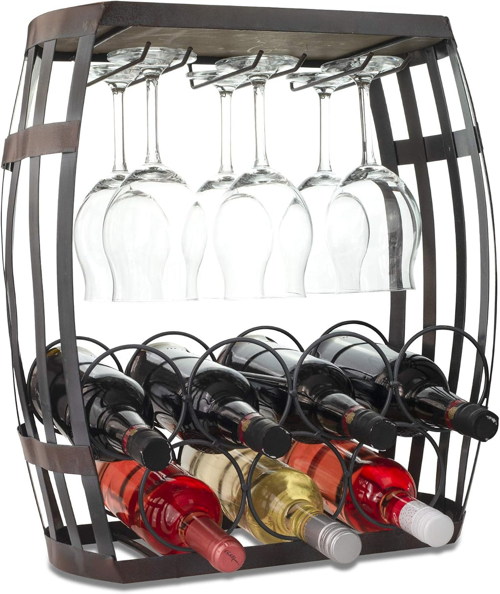 Made Easy Kit Wine Bottle and Glass Holder Rack, Metal and Wood Freestanding Preassembled Countertop Shelf Storage Stand, Home Decor for Counter Table Top Wine Bar Cabinet