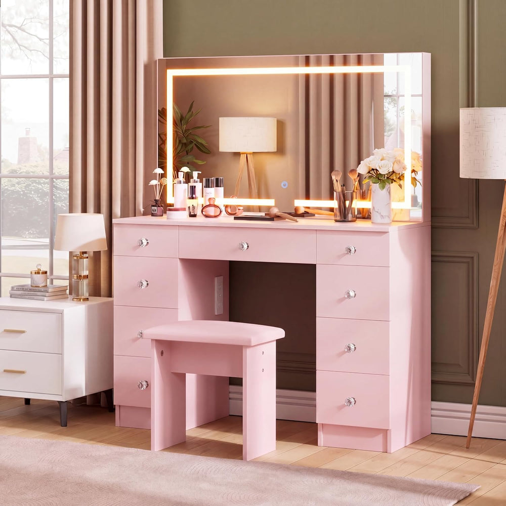 SMOOL Vanity with Mirror and Lights - Vanity Desk with Outlet and 9 Drawers |...