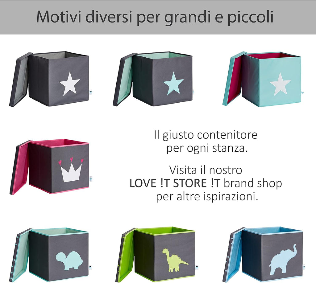 STORE.IT storage box with lid, mint green with white star, medium-density fibreboard reinforced, polyester/MDF, 33 x 33 x 33 cm (672265)