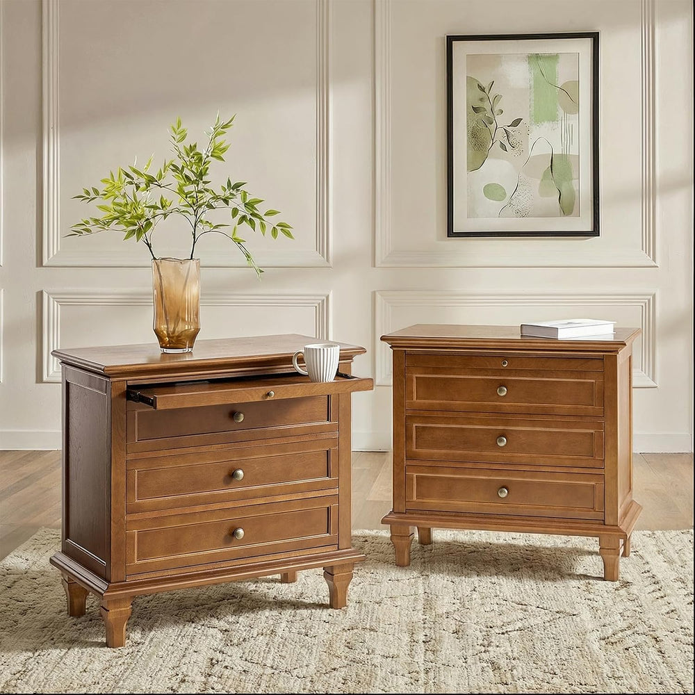 HULALA HOME End Table Set of 2 with Tray, Farmhouse 3 Drawer End Table with S...