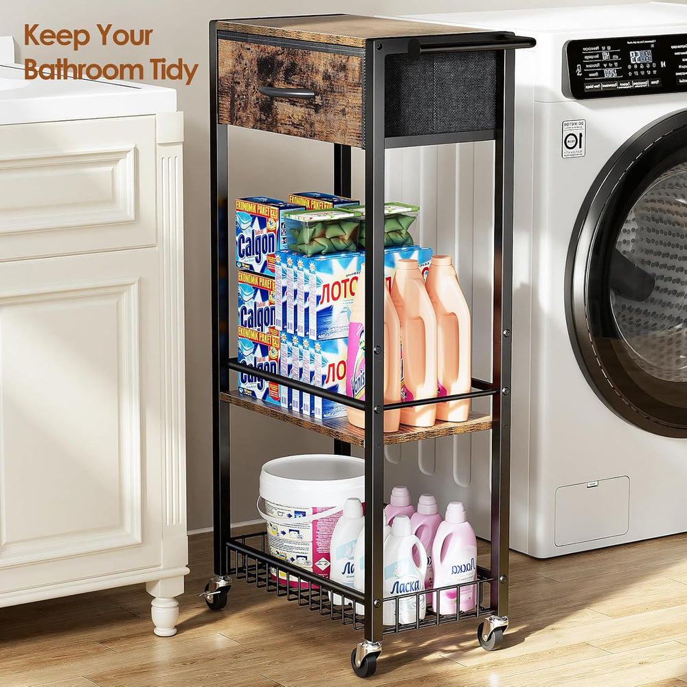 Lewondr 3-Tier Slim Storage Cart with Drawer, Rolling Utility Cart, Black | H...