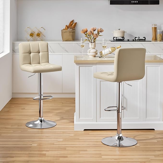 Yaheetech Bar Stools Set of 2, Adjustable PU Leather Swivel Barstools, Modern Counter Stools with Back and Footrest for Bar, Kitchen, Dining Room, Khaki