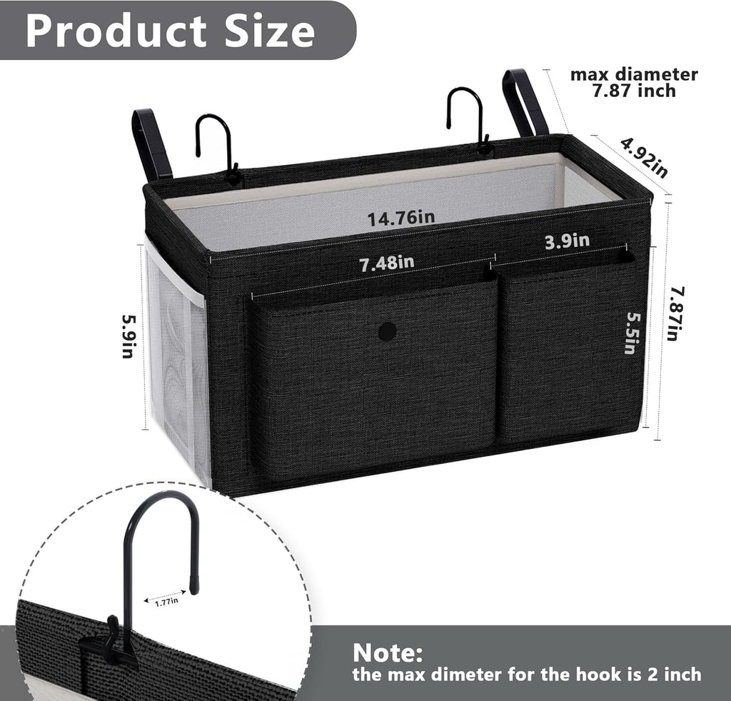 Bedside Caddy Bedside Organizer with Fixed Straps & Water Bottle Holder, Bunk Bed Caddy ideal for Home, Dorm, Hospital, Crib, Versatile Bedside Storage Solution (Black)