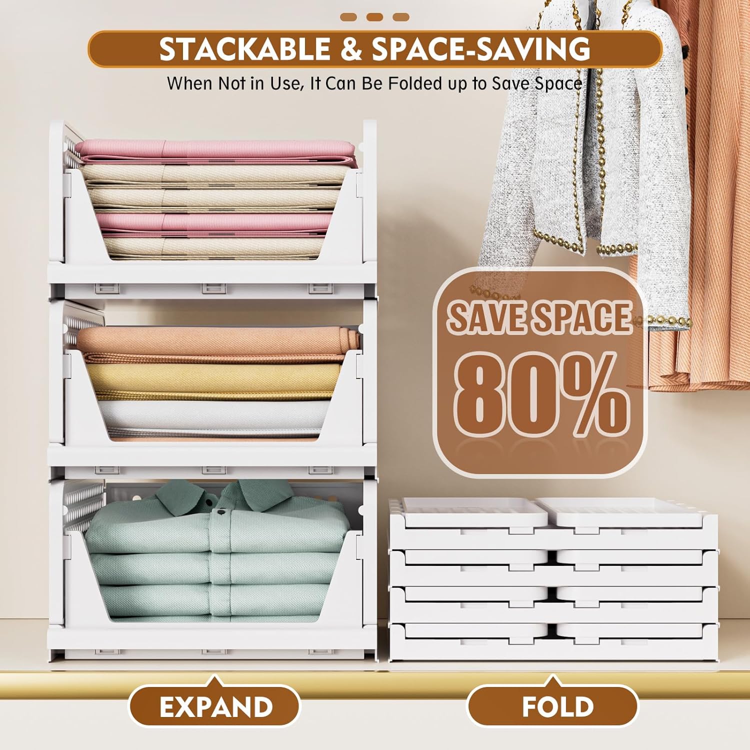 SNSLXH 5 Pack Stackable Closet Organizer Box, Multifunctional & Foldable Closet Storage Basket for Bathroom Kitchen Laundry Room Wardrobe Storage, Space-Saving Clothes Storage Drawer Organizer, Pink