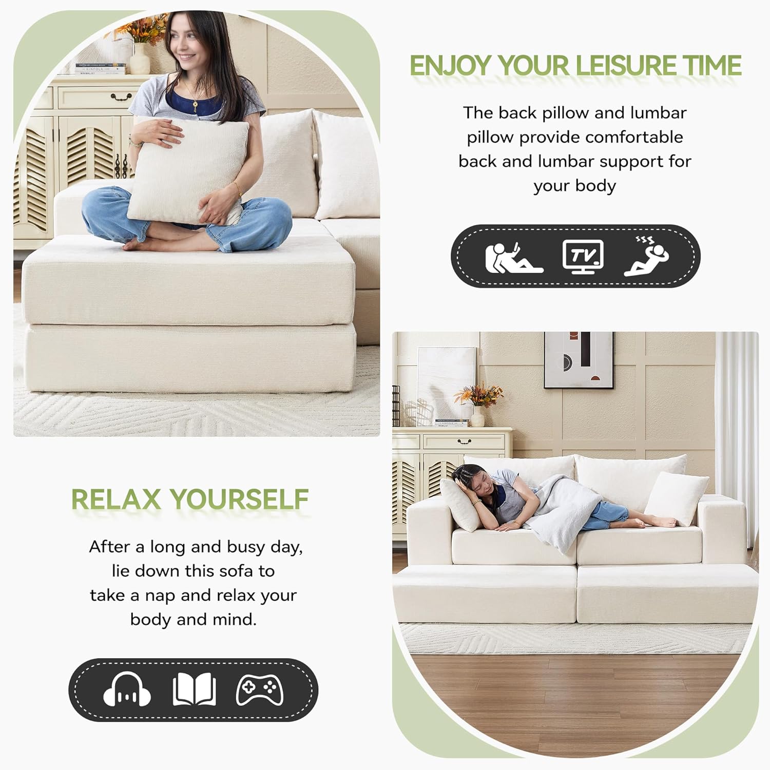 79" Boneless Cloud Loveseat Sofa Couch, Modular Foldable Floor Sofa with Ottoman, Chenille Lounge Convertible Sofa Bed for Living Room, No Assembly, Beige