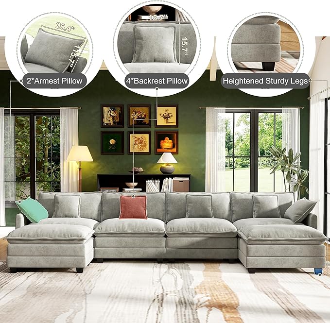 146" Cloud Couch Sectional, U Shaped Modular Sectional Sofa, 4-Seat Deep Seat Couch with 6 Removable Washable Pillows and 2 Ottoman for Living Room, Bedroom, Apartment, Light Grey