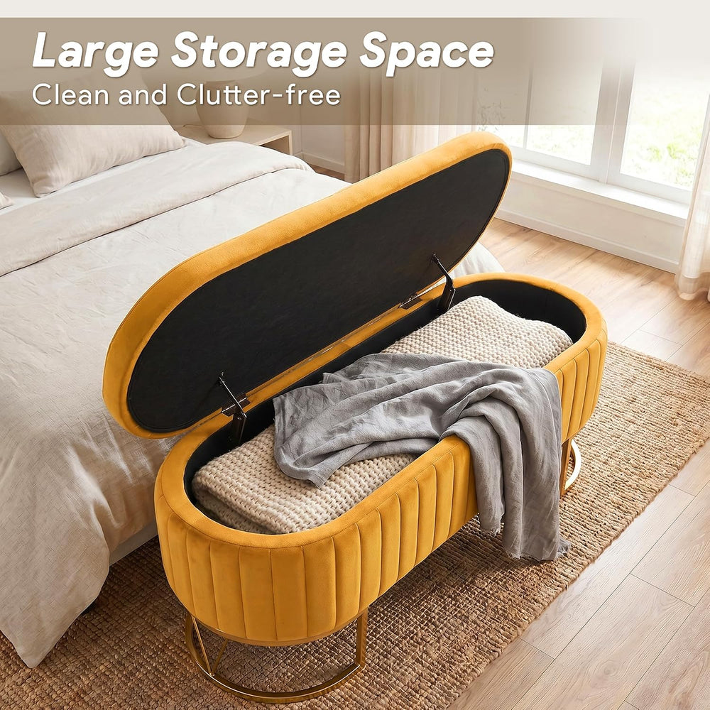 Storage Bench Bedroom Bench, Velvet Oval Upholstered End of Bed Bench with Go...