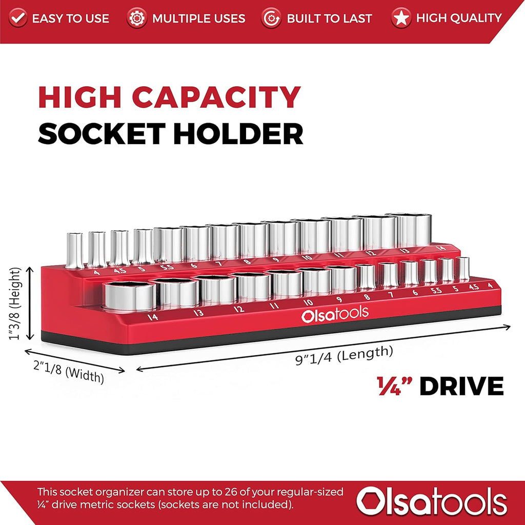 Olsa Tools Magnetic Socket Holder | 1/4-inch Drive | Metric | Red | Holds 26 Sockets | Professional Quality Tools Organizer