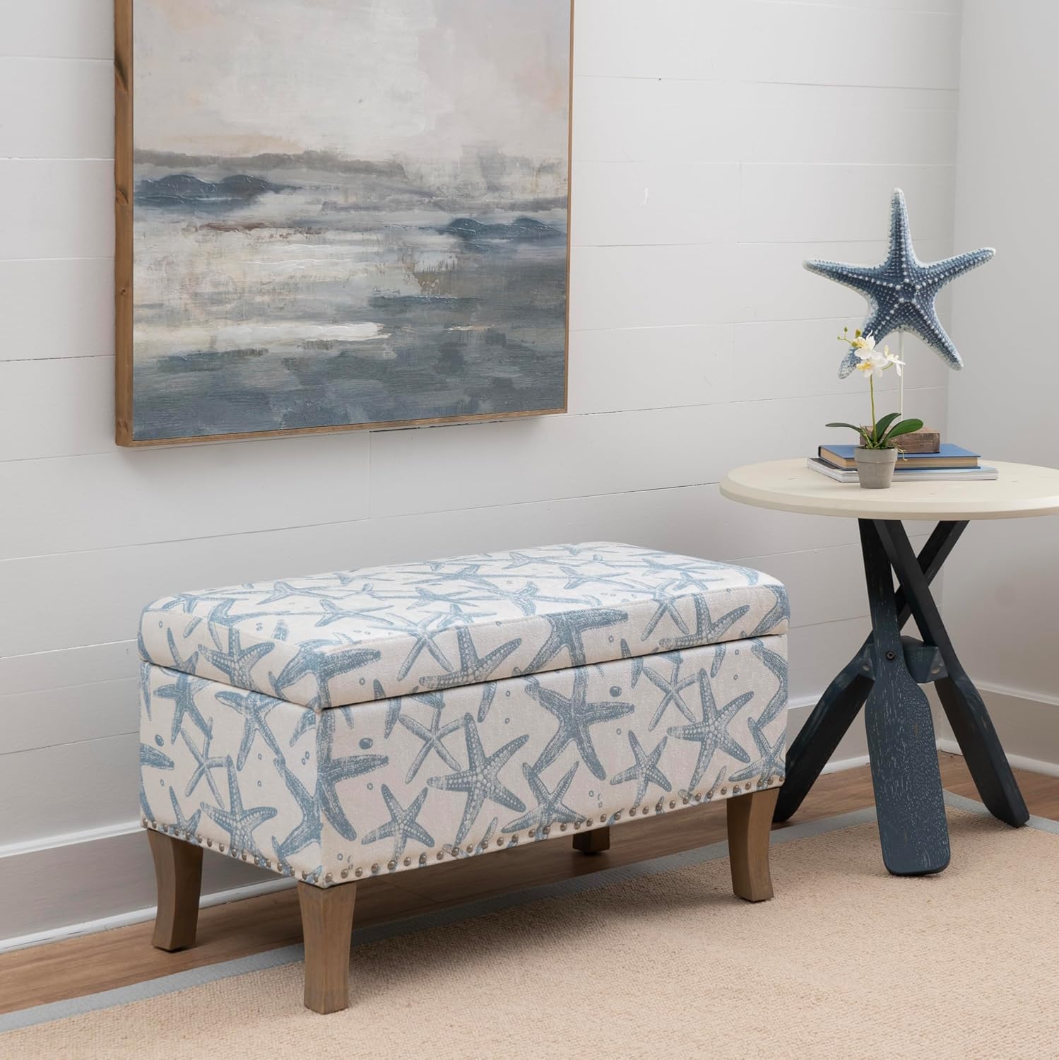 Linon Stephanie Cream and Light Blue Starfish Fully Upholstered Bench with Hidden Interior Storage