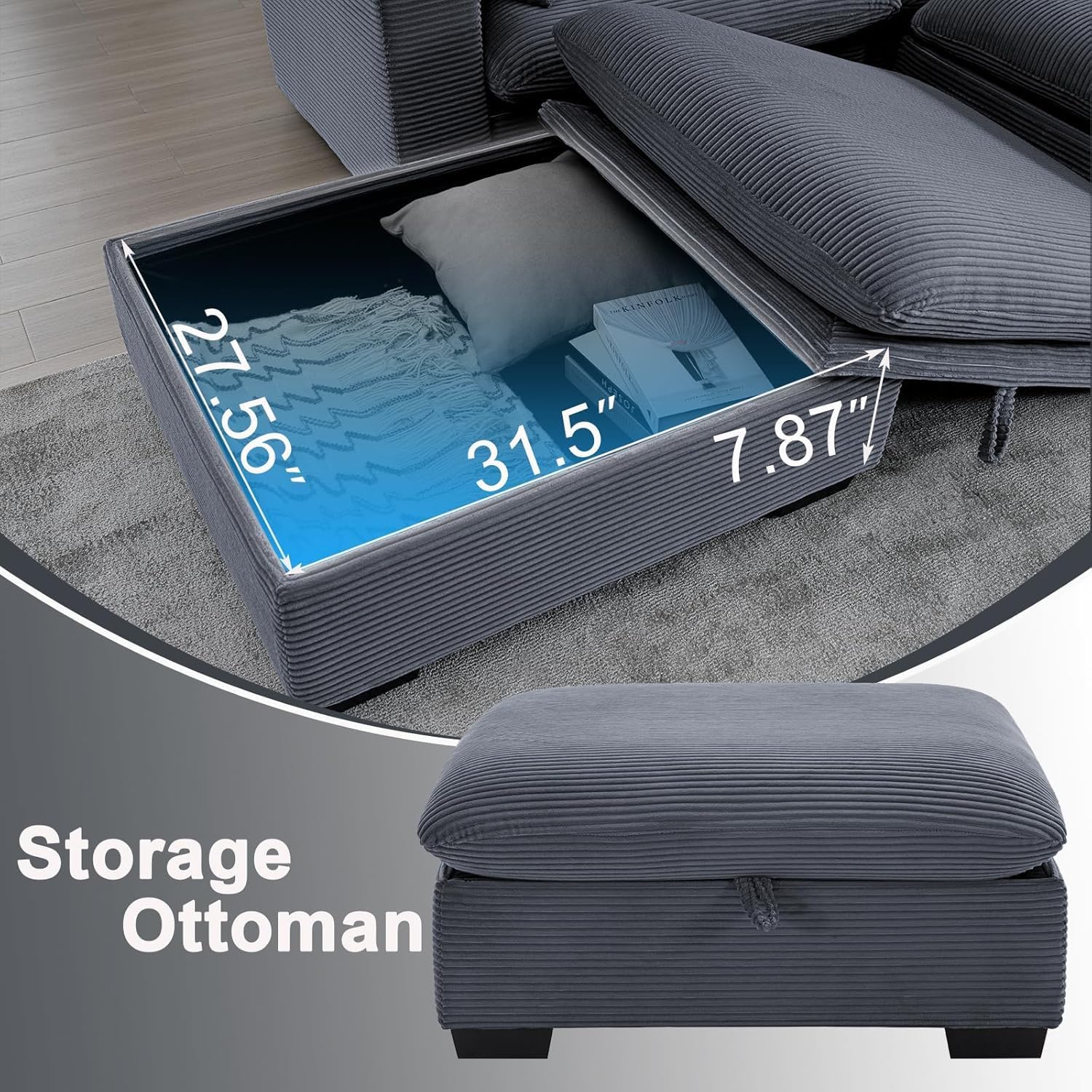 asunflower Matching Large Storage Ottoman for Sectional Sofa, Oversized Foldable Footrest Stool with Lid, Dark Grey Corduroy Bench - 37.4" Extra Wide