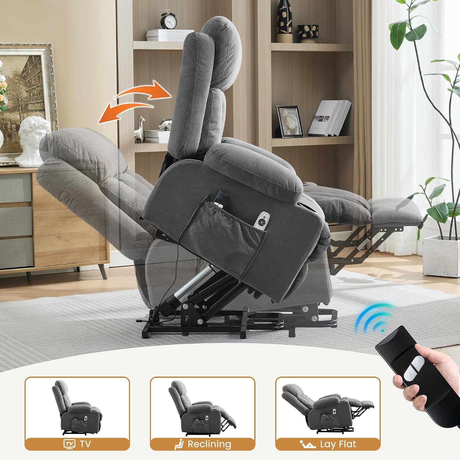 Power Lift Recliner Chair with Heat and Massage | Electric Recliner Sofa, Side Pocket & USB Charge Port, Grey Recliner Chairs for Adults, Easy Remote Control