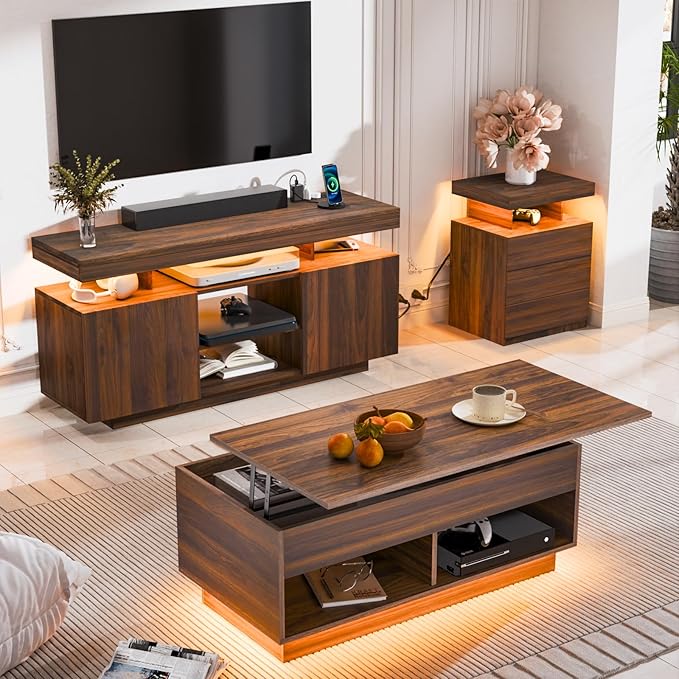 HOMMPA Modern LED TV Stand for 65/60/55 inch TV with Power Outlets, Gaming Console Storage Entertainment Center with LED Lights Game Cabinet for Living Room Walnut