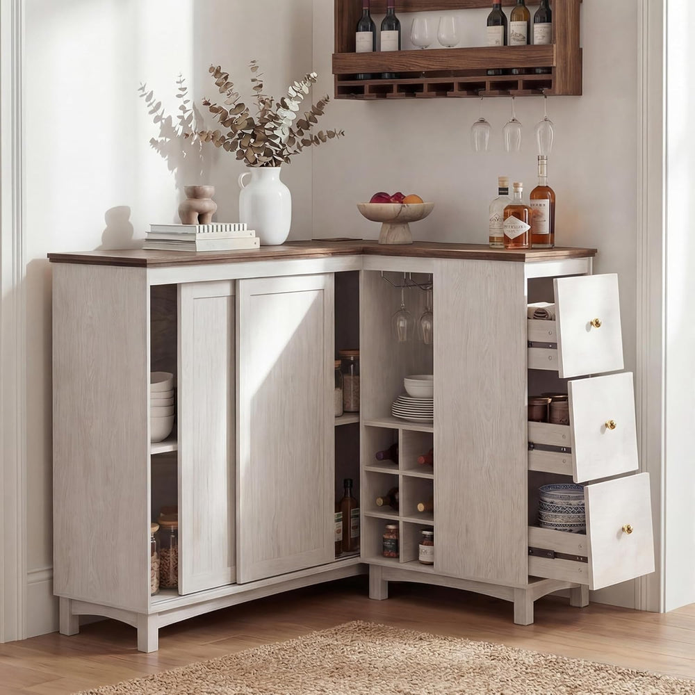 Corner Cabinet with Charging Station,L-Shaped Kitchen Pantry Storage Cabinet ...