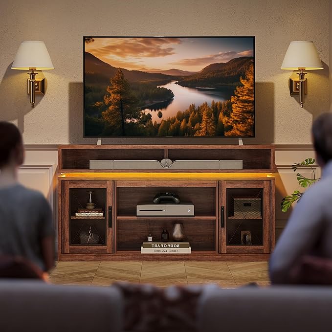 WLIVE Farmhouse TV Stand for TVs Up to 65 Inches, Tall Entertainment Center with Storage Cabinets & LED Lights, Media Console for Living Room, Bedroom, Home Theater, Rustic Brown