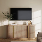 BELLEZE 67" Width 32" Tall Fluted TV Stand, Curved Entertainment Center with Sliding Tambour Doors,Media Console Table for TV up to 75" for Living Room (Camel)