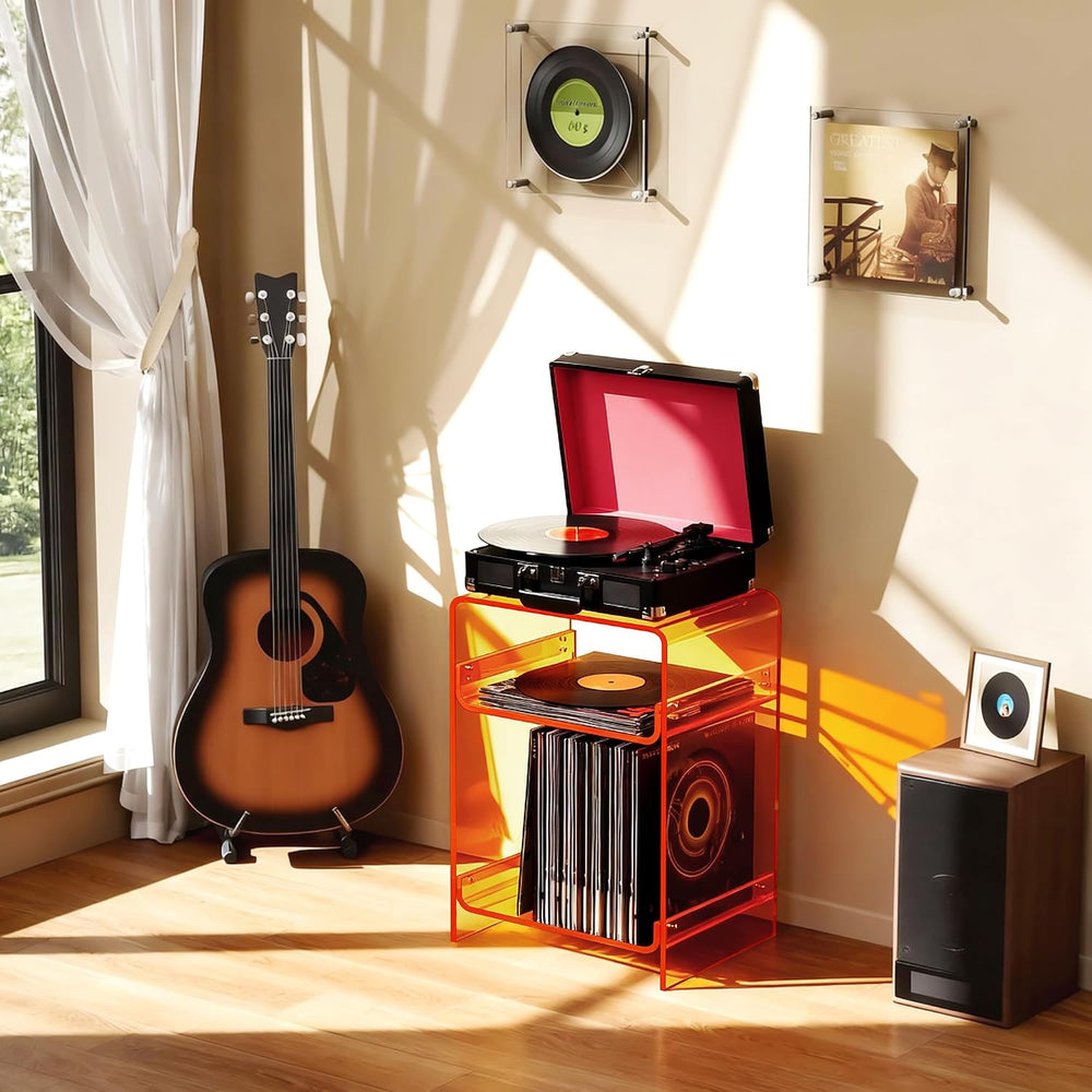 Acrylic Record Player Table with Storage Shelf, Clear Side Table Nightstand (...