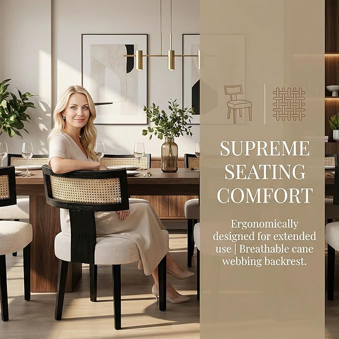 Upholstered Farmhouse Dining Chairs Set of 2 Mid Century Modern Dining Room Chairs Rattan Linen Kitchen Chairs Armless Side Chairs with Black Wood Frame/Rattan Back for Living Room,Beige