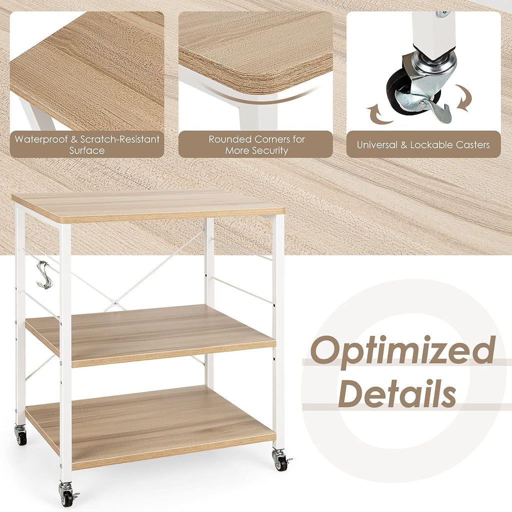 Giantex Kitchen Bakers Rack 3-Tier Microwave Cart on Wheels, Industrial Utility Bar Cart with 10 Hooks Metal Frame Wood Storage Shelves, Rolling Microwave Stand, Maple & White