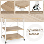 Giantex Kitchen Bakers Rack 3-Tier Microwave Cart on Wheels, Industrial Utility Bar Cart with 10 Hooks Metal Frame Wood Storage Shelves, Rolling Microwave Stand, Maple & White