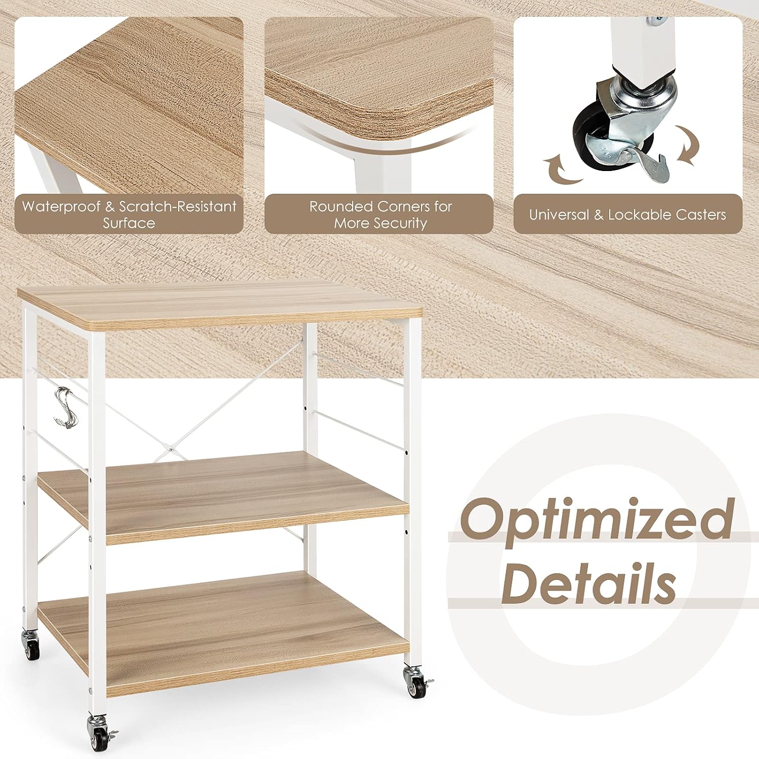 Giantex Kitchen Bakers Rack 3-Tier Microwave Cart on Wheels, Industrial Utility Bar Cart with 10 Hooks Metal Frame Wood Storage Shelves, Rolling Microwave Stand, Maple & White