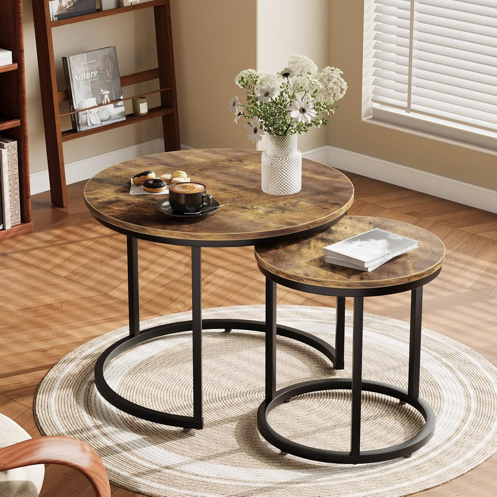 Smuxee Nesting Coffee Table Set of 2, 23.6" Round Coffee Table Rustic Wo...