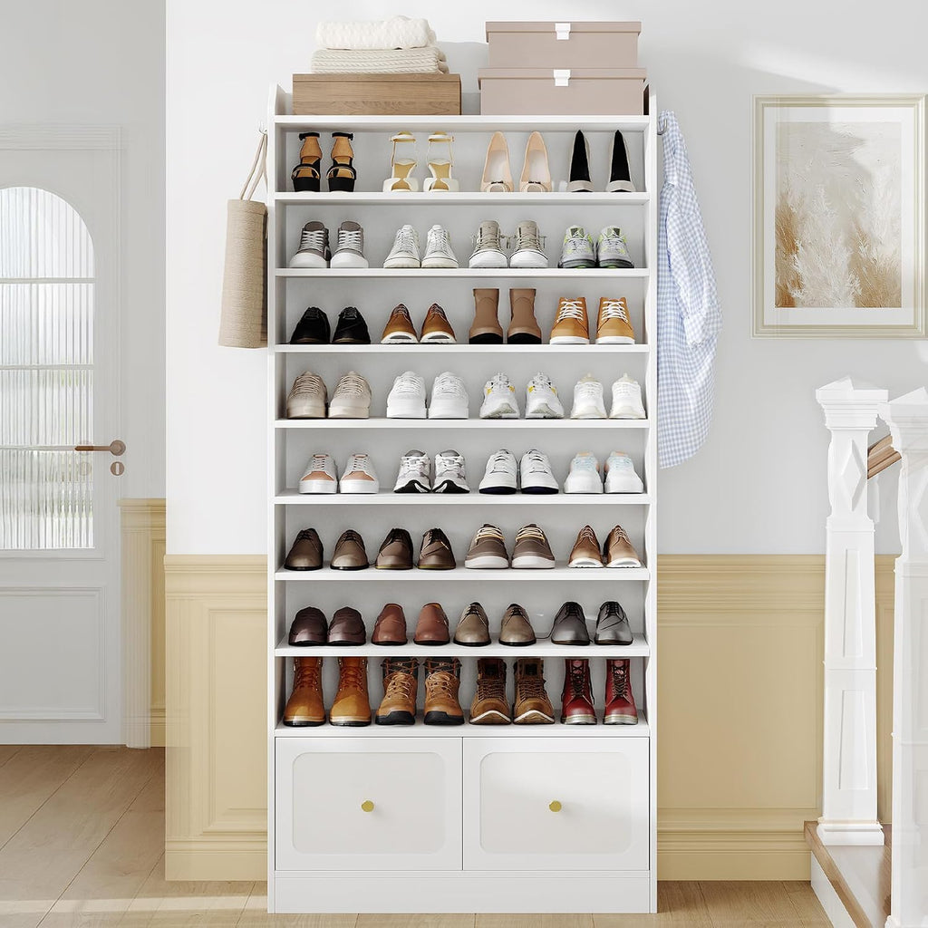Hzuaneri Shoe Storage Cabinet, 10 Tiers Shoe Organizer with 2 Cloth Drawers | Wooden Freestanding Shoes Cabinet with 2 Hooks, 40-45 Pairs, Shoes Cubby Organizer for Entryway, White SR52903MI