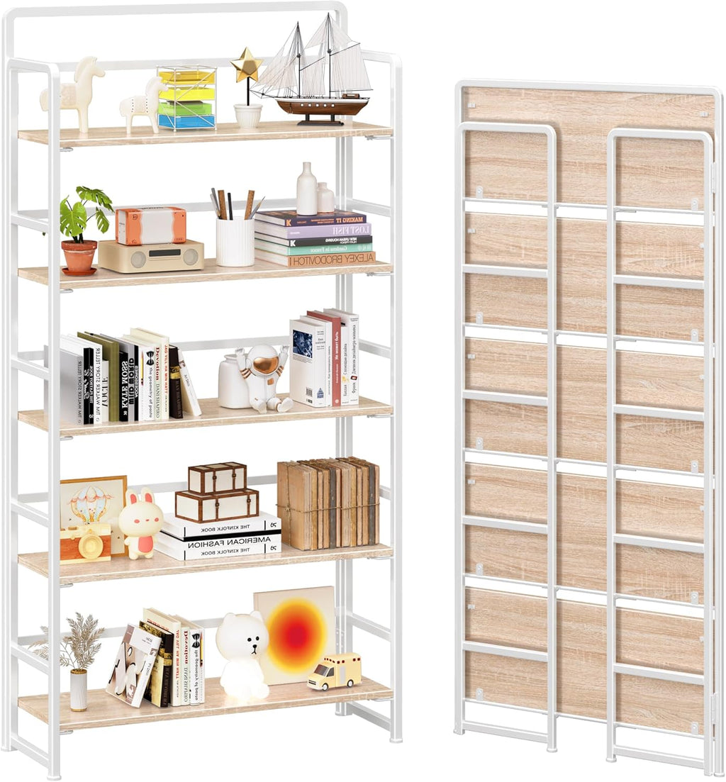 4NM No Assembly Extra Wide 5 Tiers Folding Bookshelf Storage Shelves Vintage Bookcase Standing Racks Study Organizer Home Office (Natural White)