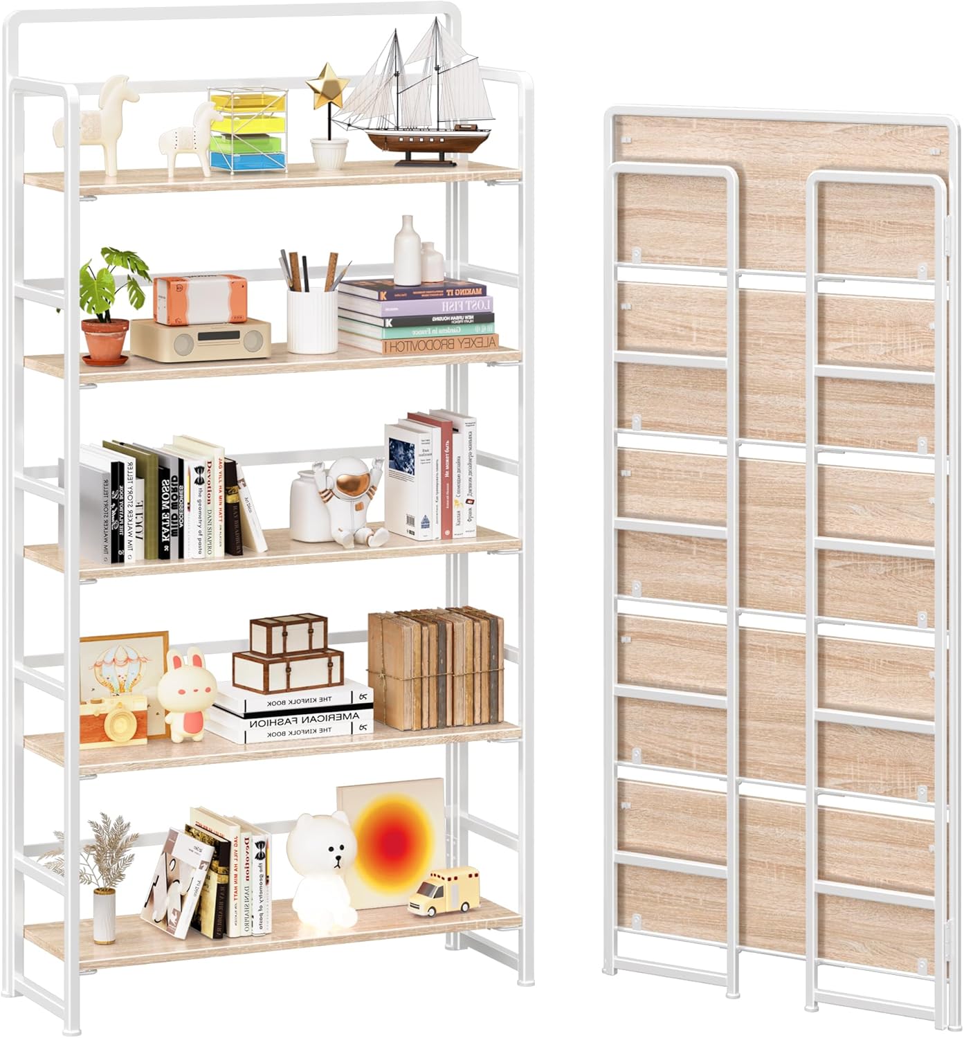 4NM No Assembly Extra Wide 5 Tiers Folding Bookshelf Storage Shelves Vintage Bookcase Standing Racks Study Organizer Home Office (Natural White)
